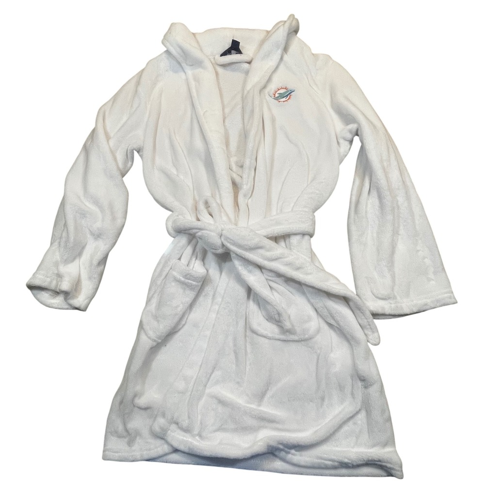 Northwest NFL Miami Dolphins Mens White Plush Fleece Hooded Bathrobe Size S/M‎